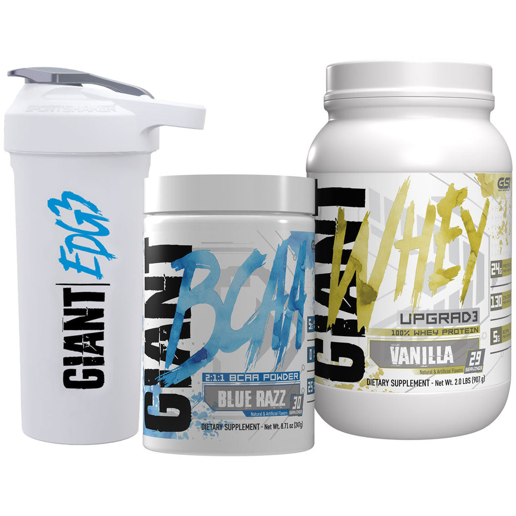 Bundle of Giant Edge BCAAs, whey protein, and shaker cup